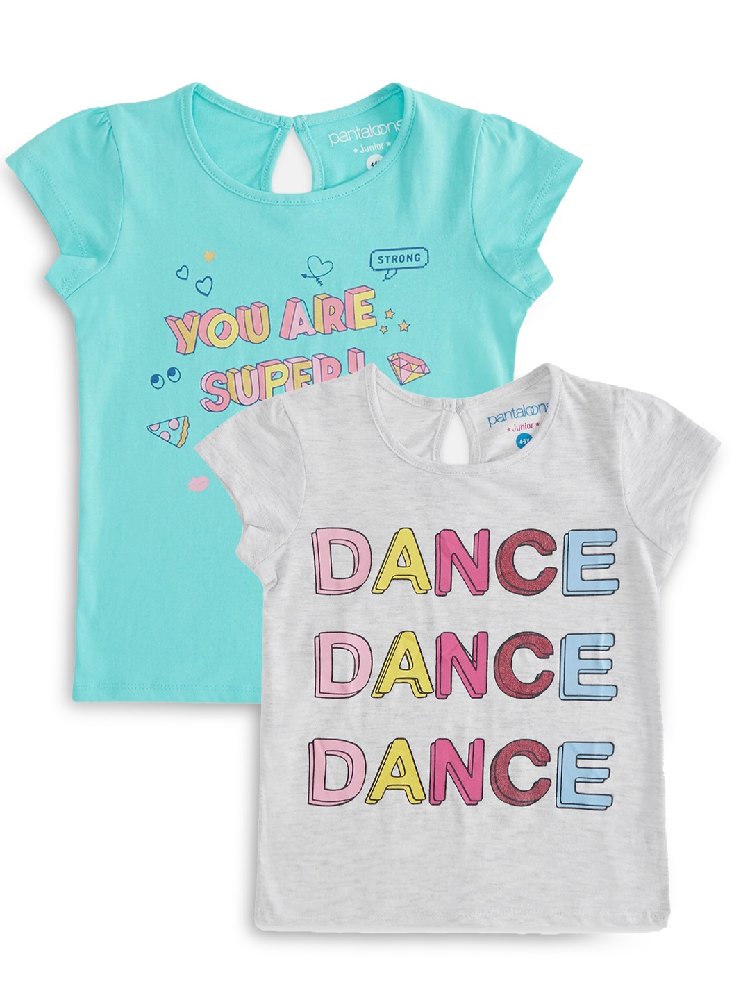 

Pantaloons Junior Girls Pack of 2 Typography Printed Cotton T-shirts, Turquoise blue