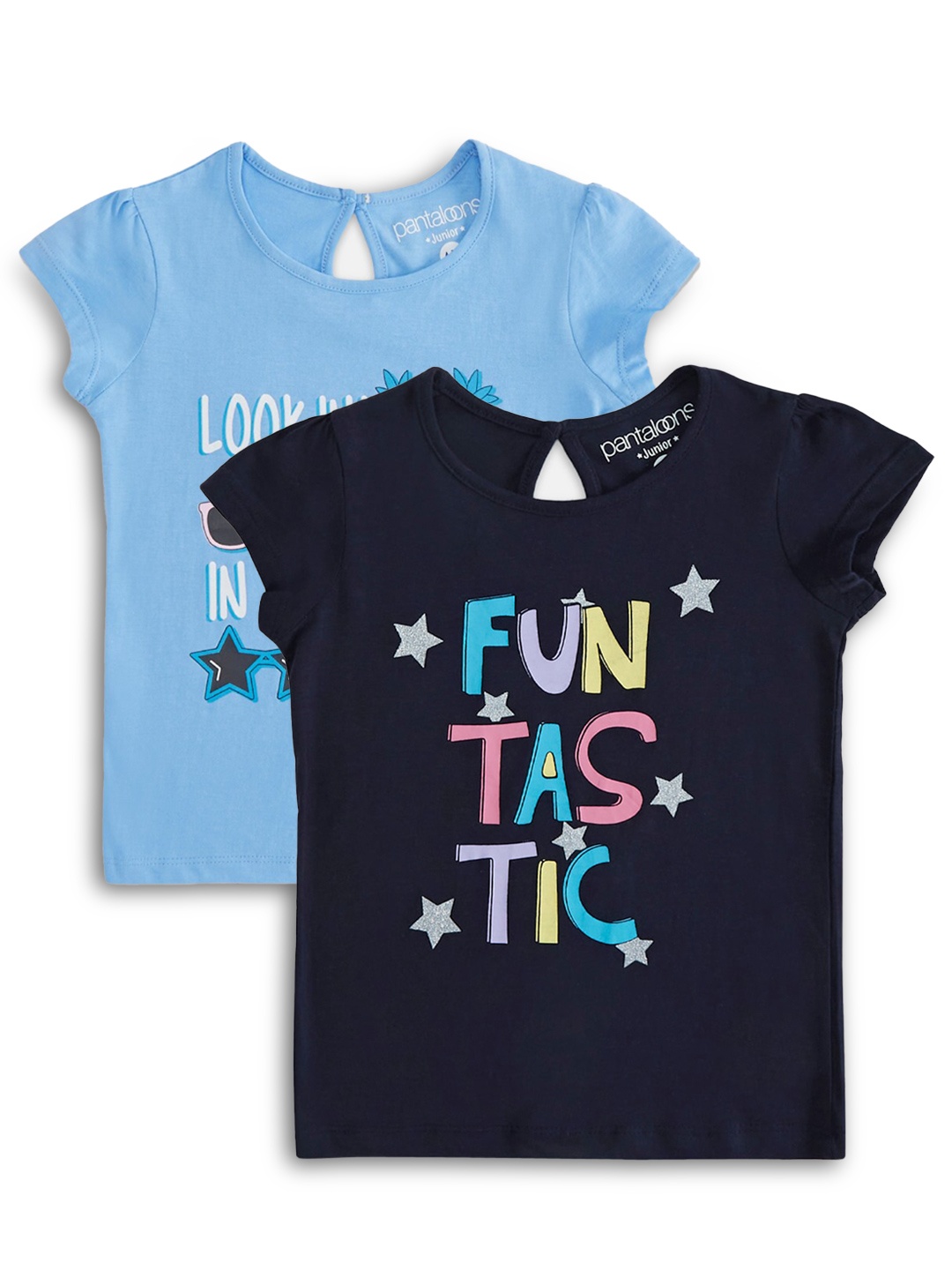 

Pantaloons Junior Girls Pack of 2 Typography Printed Cotton T-shirts, Blue