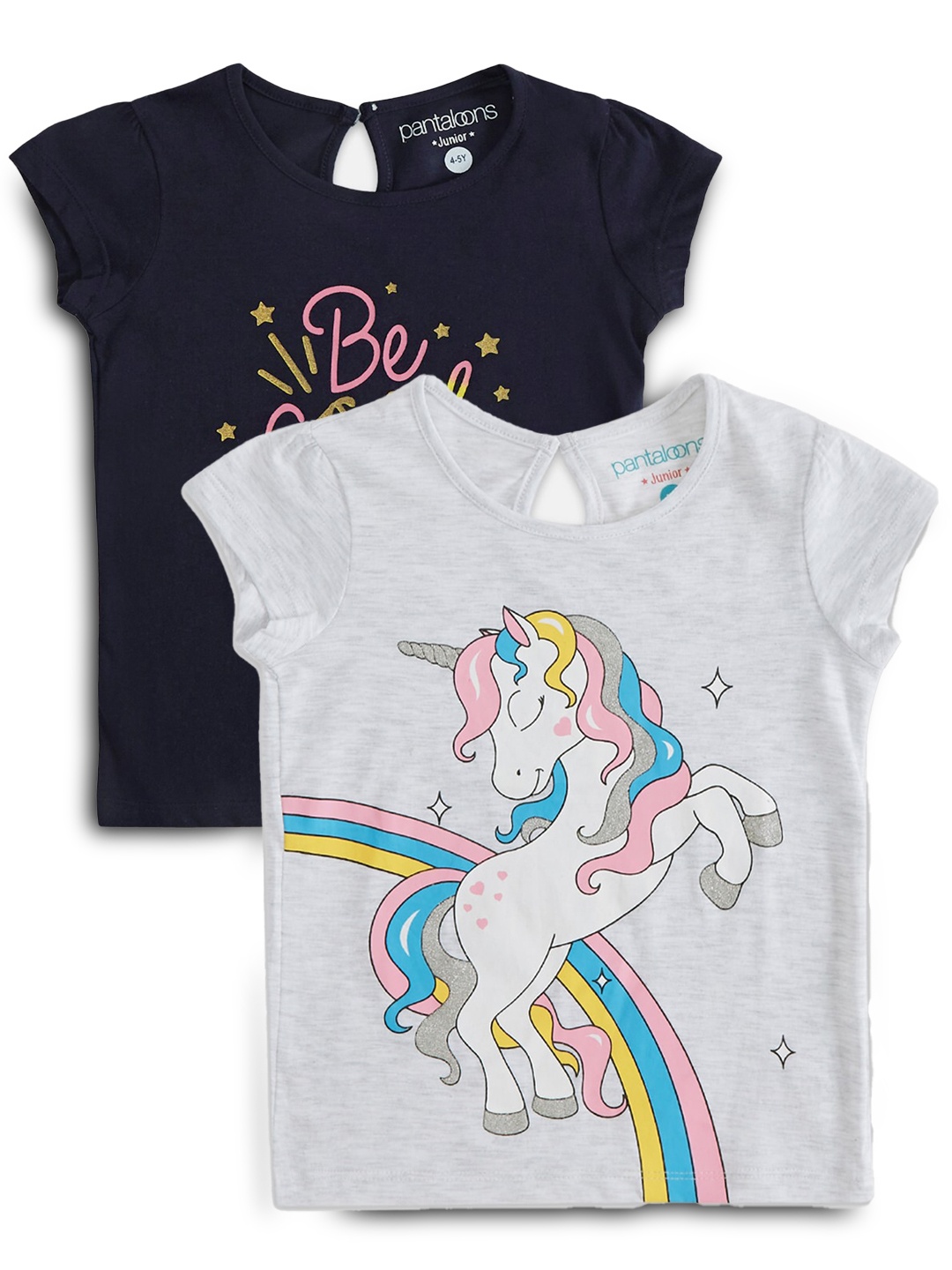 

Pantaloons Junior Girls Pack of 2 Printed Cotton T-shirts, Navy blue
