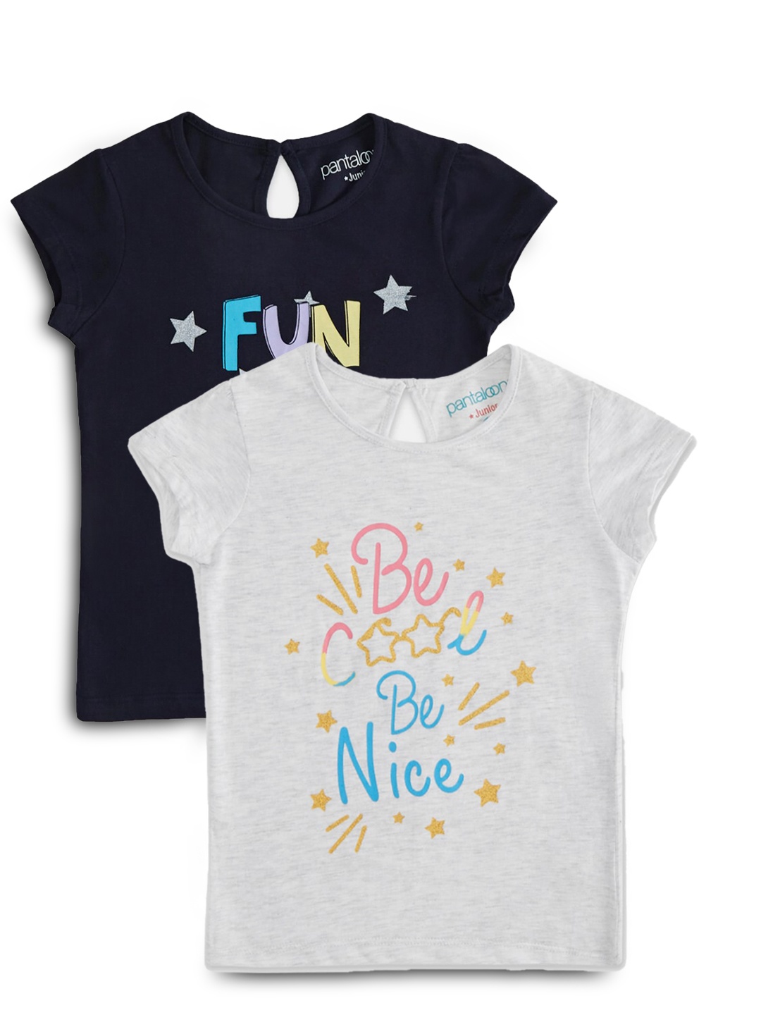 

Pantaloons Junior Girls Pack Of 2 Typography Printed Cotton T-Shirts, Navy blue