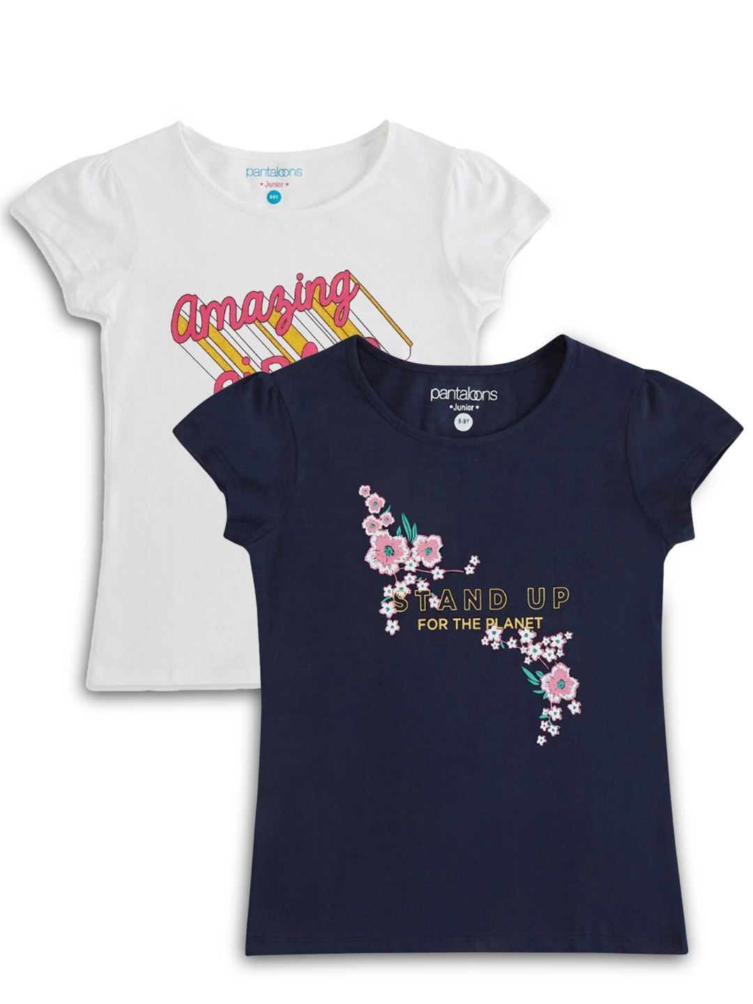 

Pantaloons Junior Girls Pack of 2 Printed Cotton T-shirts, Navy blue