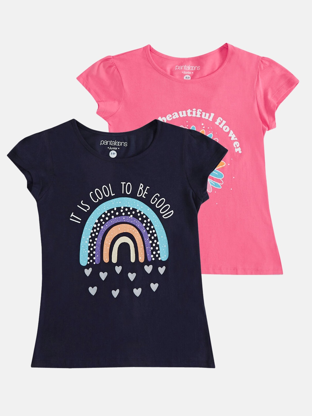 Pantaloons Junior Girls Pack Of 2 Typography Printed Cotton T-shirt, Navy blue