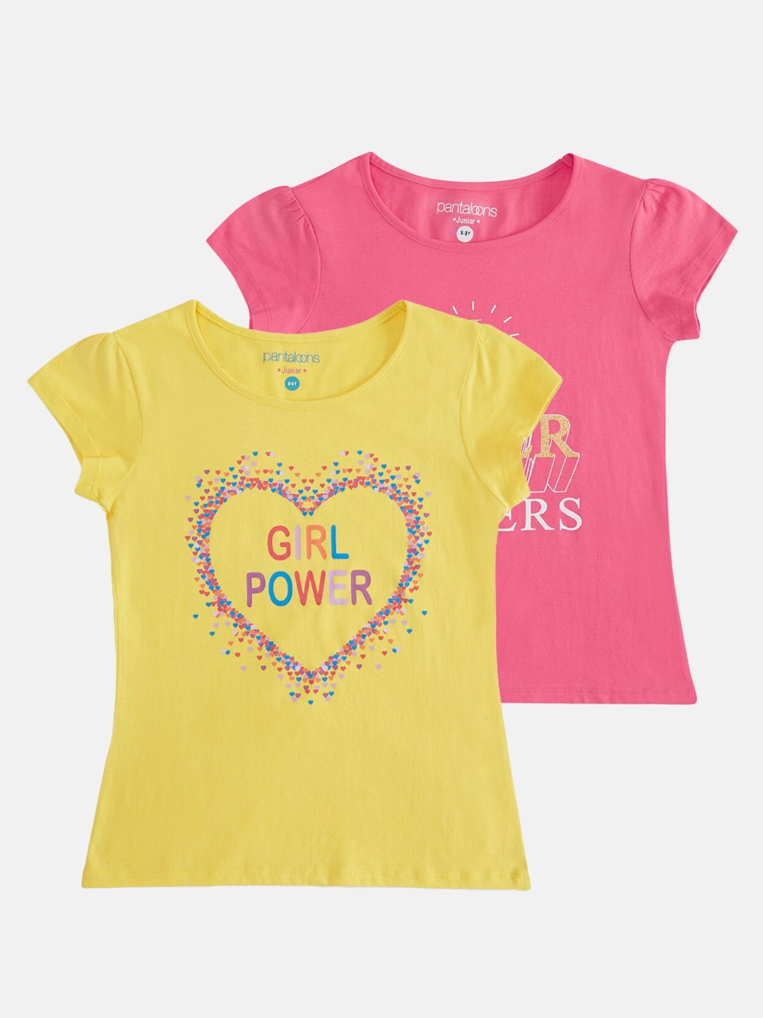 

Pantaloons Junior Girls Pack Of 2 Typography Printed Cotton T-shirt, Yellow