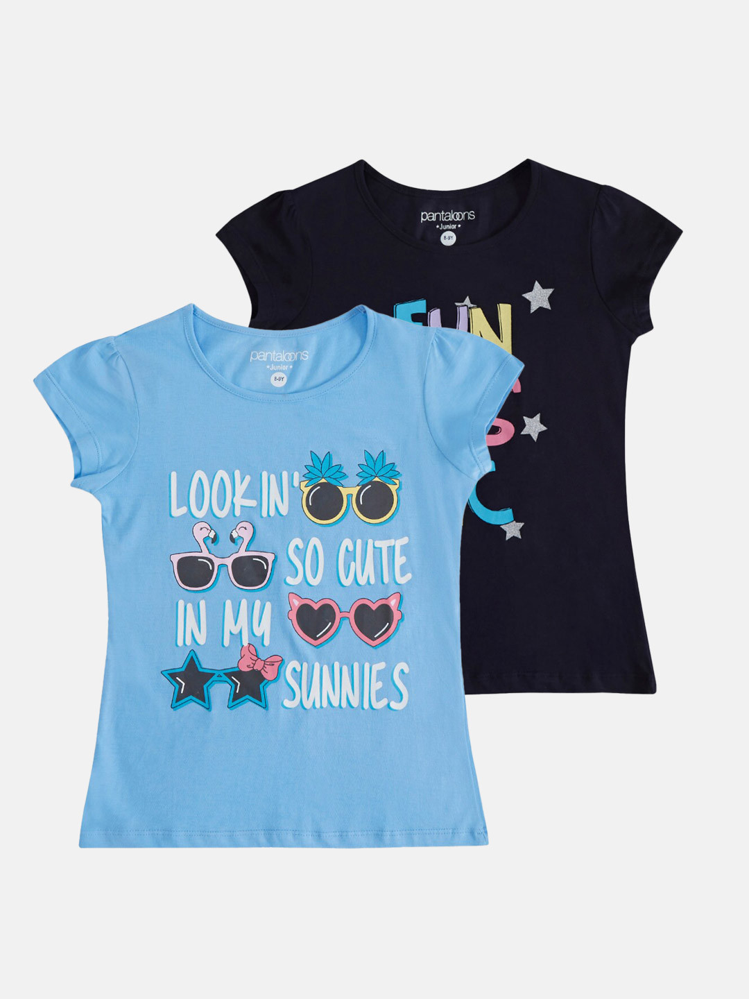 

Pantaloons Junior Girls Pack of 2 Typography Printed Cotton T-shirts, Blue