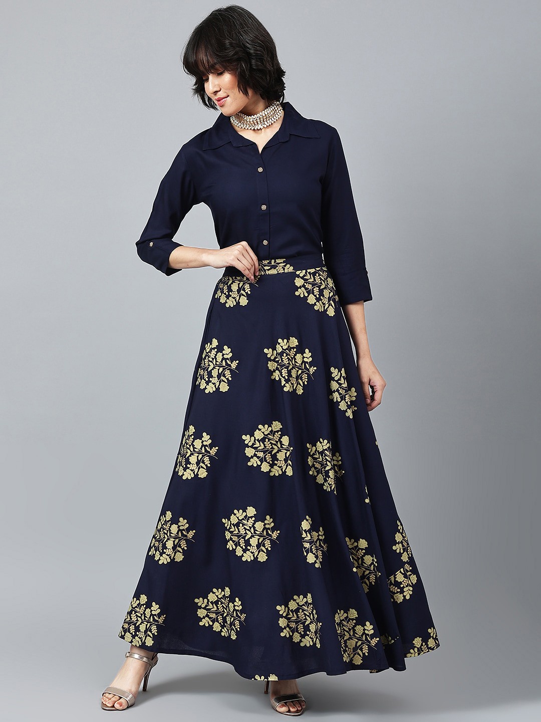 

Khushal K Women Shirt with Skirt Co-Ords Set, Navy blue