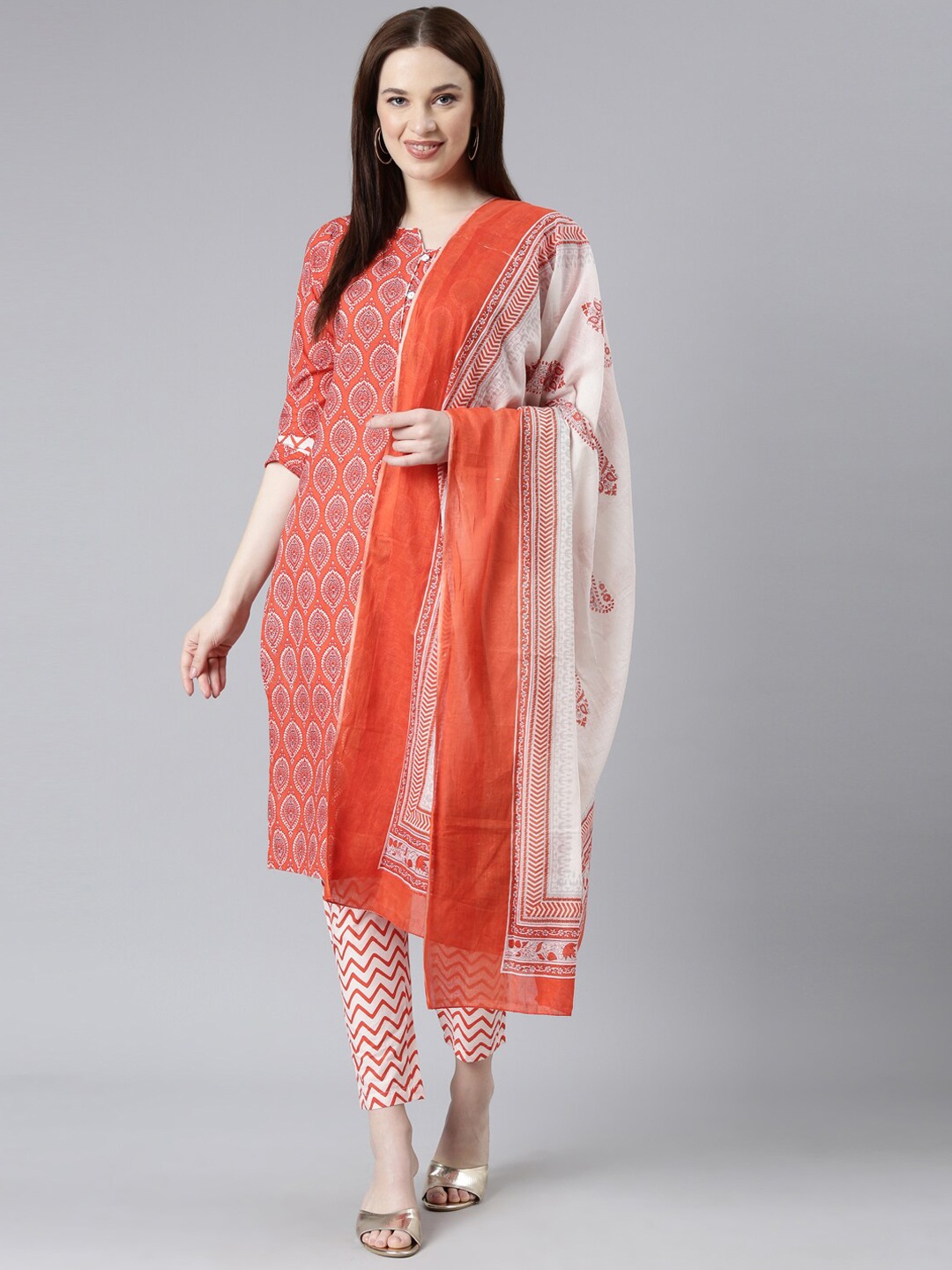 

KALINI Ethnic Motifs Printed Pure Cotton Kurta with Trousers & Dupatta, Red