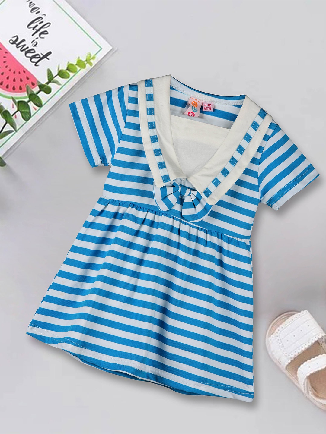 

Kids On Board Infant Girls Striped Cotton V-Neck Fit & Flare Dress, Blue