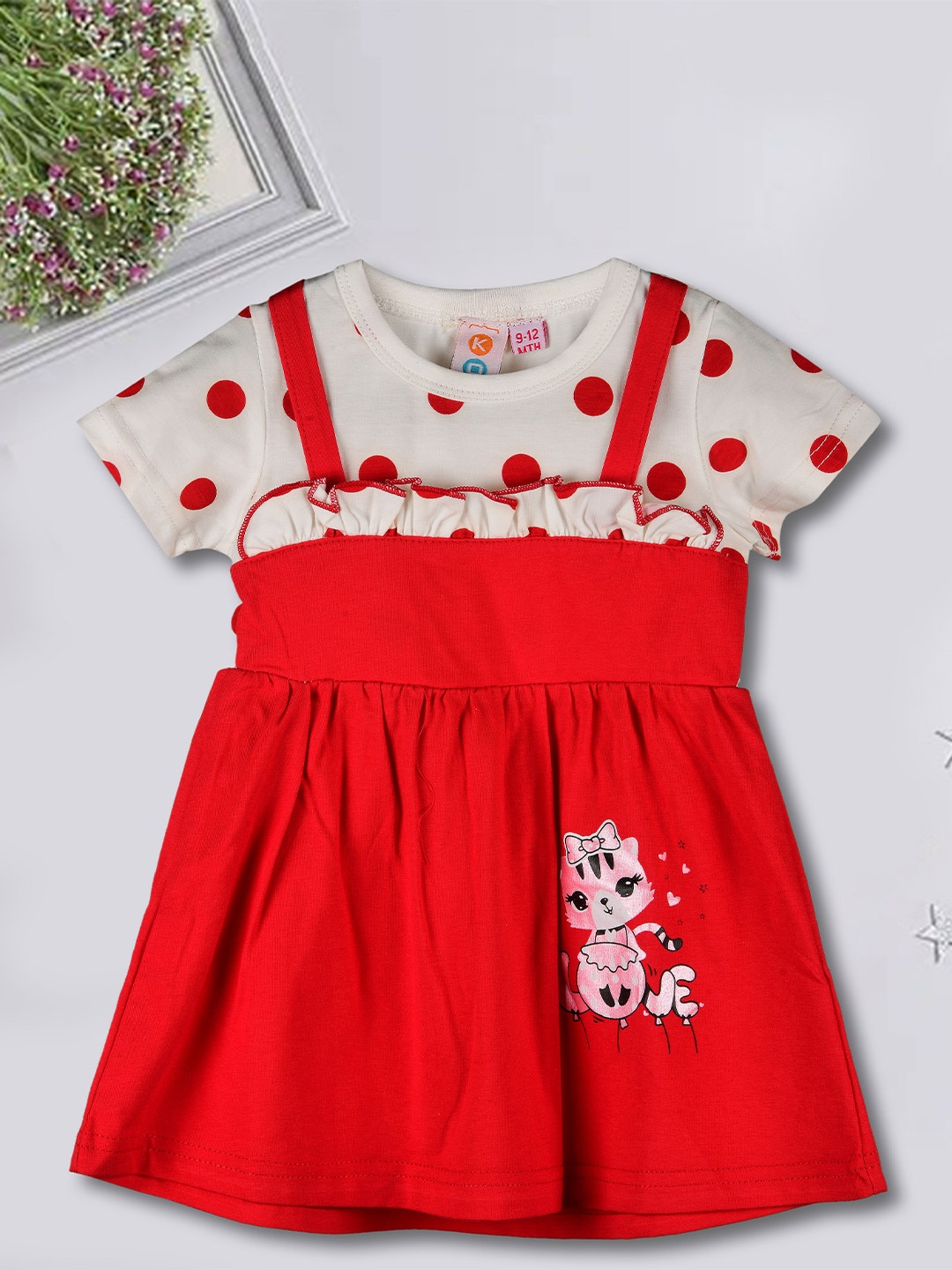 

Kids On Board Infant Girls Graphic Printed Cotton Knee Length Pinafore Dress, Red