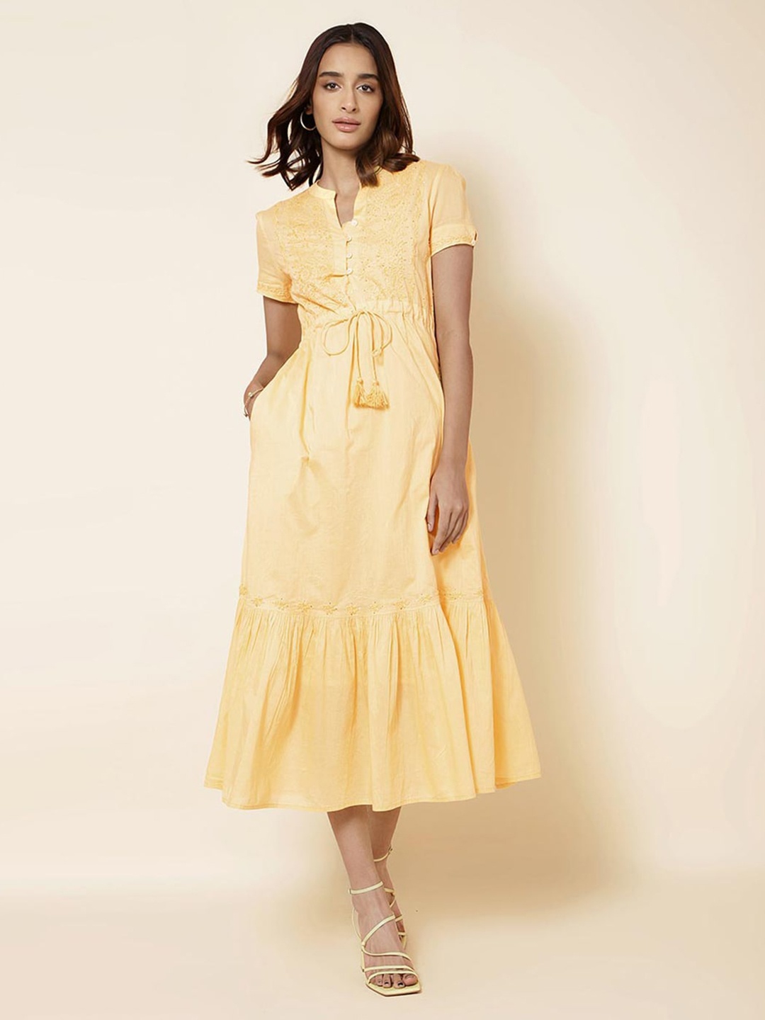

Fabindia Mandarin Collar Tie-Up Detail A-Line Midi Dress, White