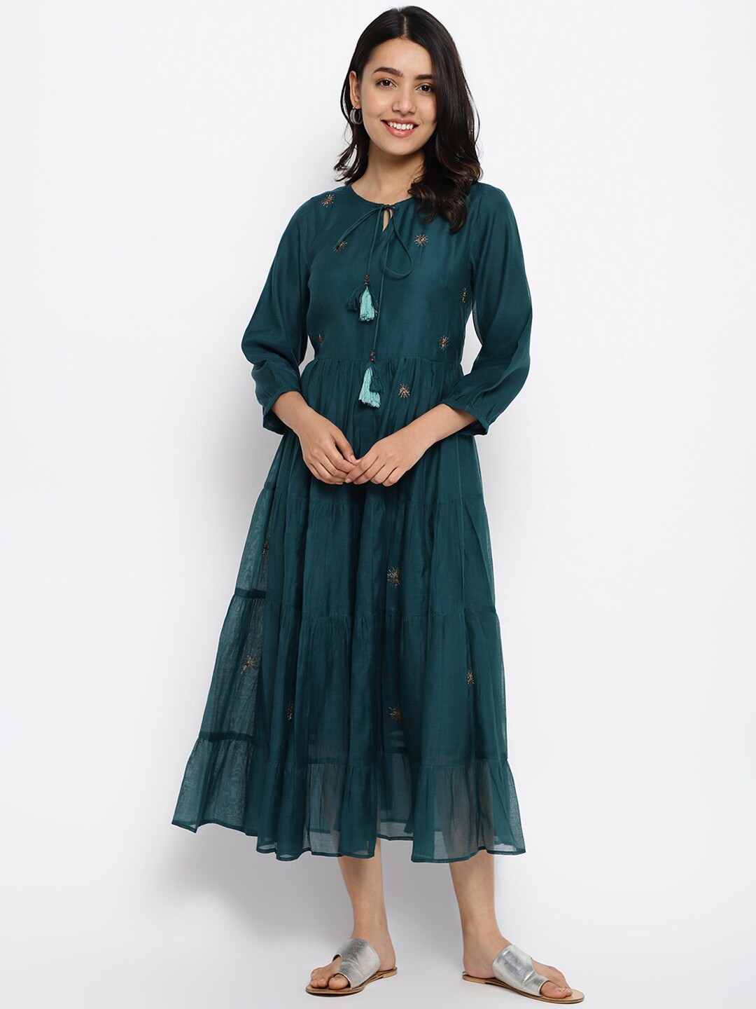 

Fabindia Floral Embroidered Tie-Up Neck A-Line Midi Dress, Teal