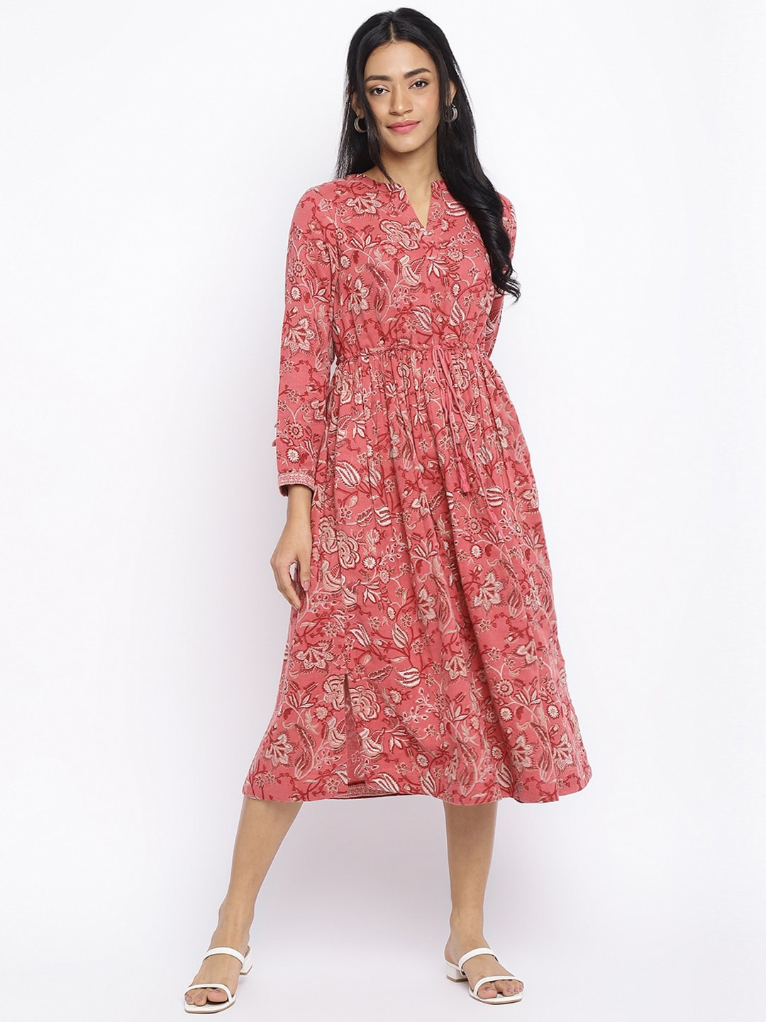 

Fabindia Mandarin Collar Floral Printed Tie-Up Fit And Flare Cotton Midi Dress, Red