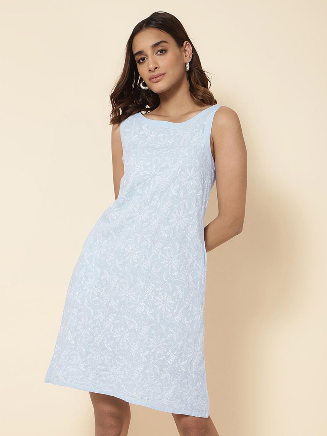 

Fabindia Floral Embroidered A-Line Dress, Blue