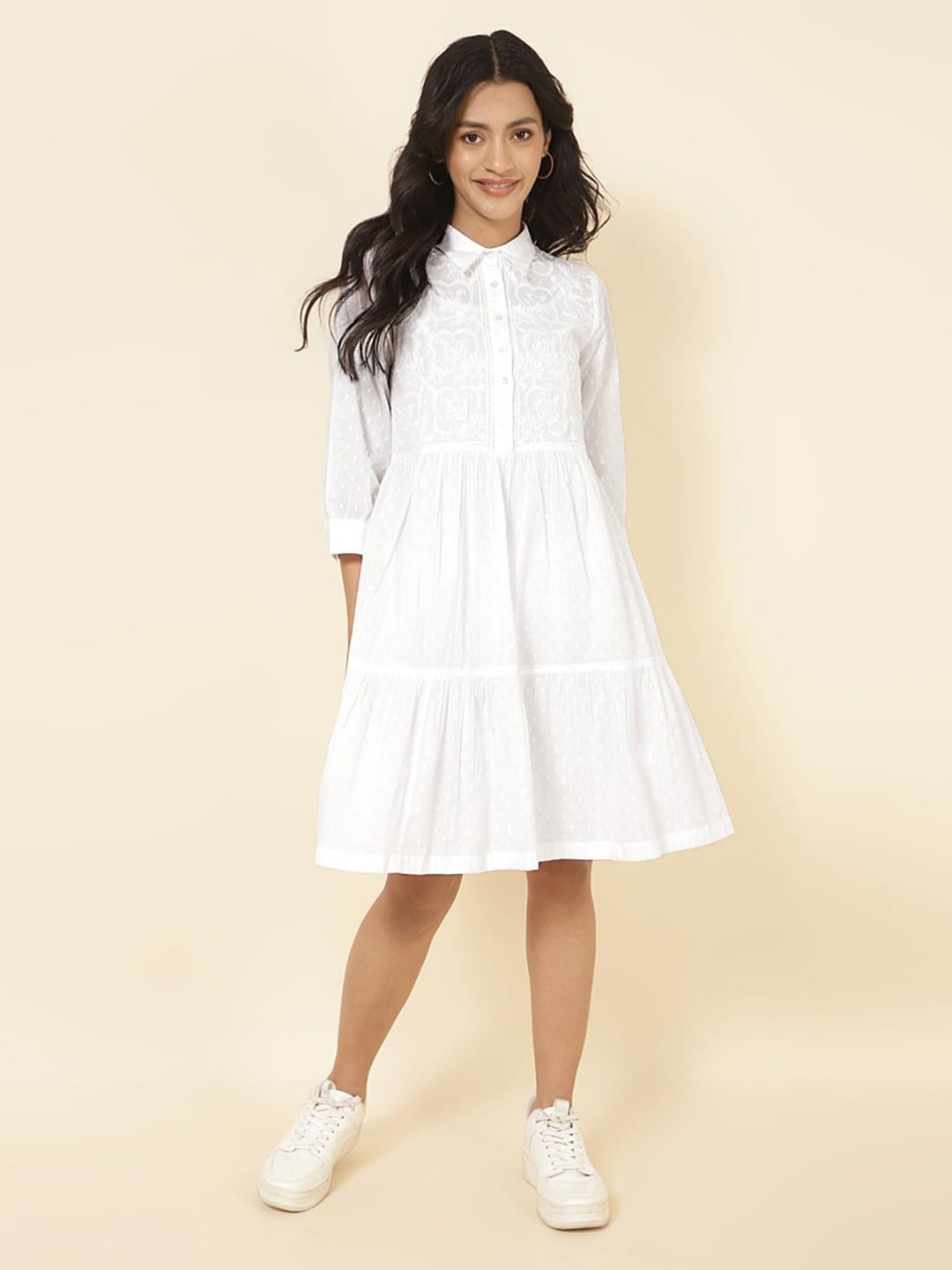 

Fabindia Shirt Collar Chikankari Embroidered Tiered Cotton A-Line Midi Dress, White