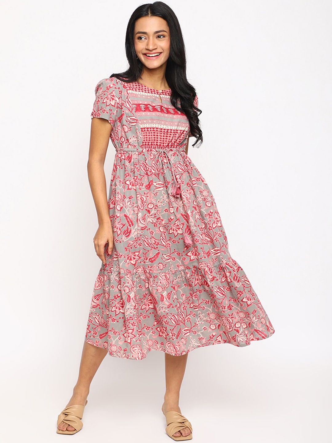 

Fabindia Floral Printed Cotton A-Line Midi Dress, Green