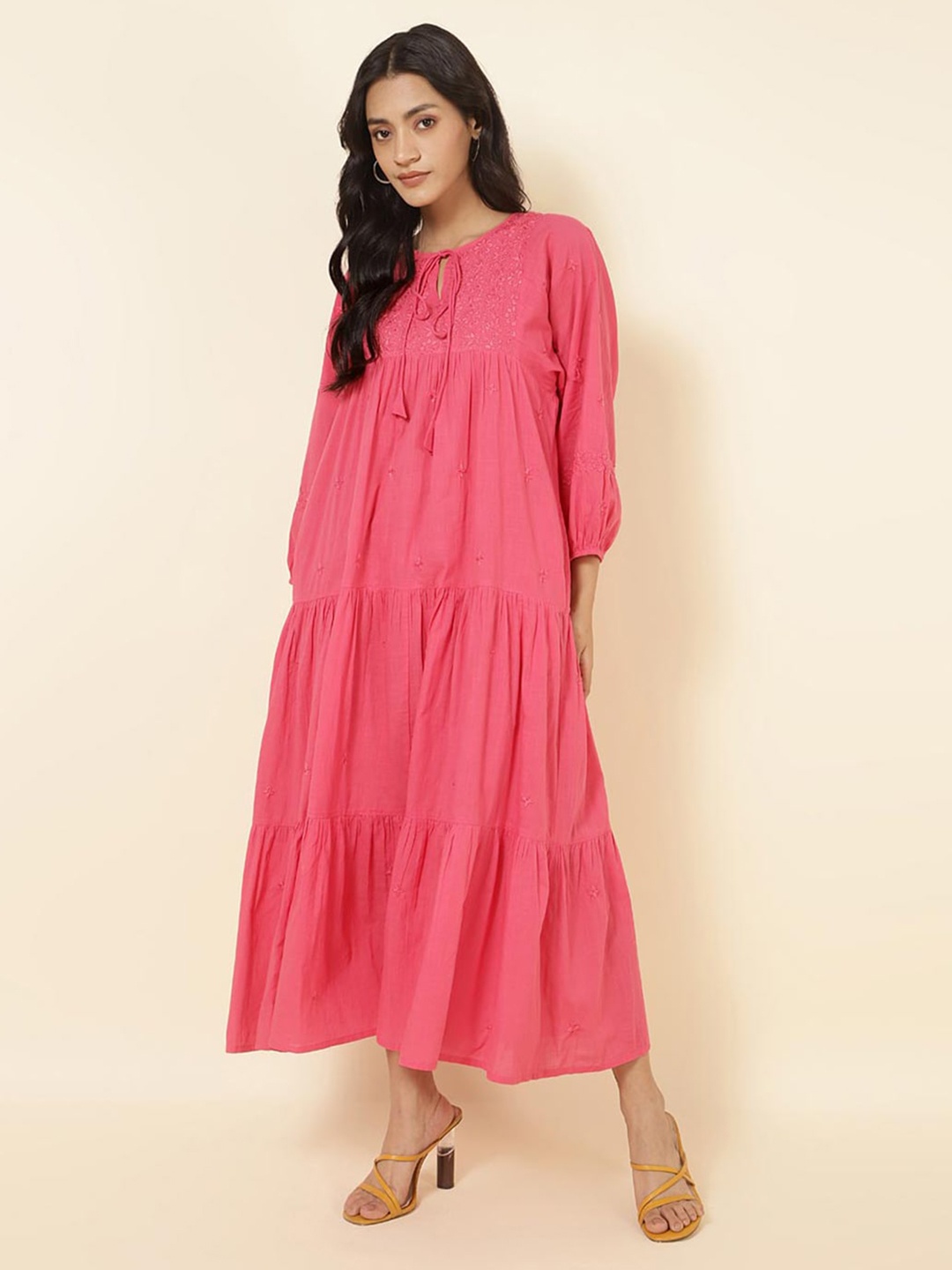 

Fabindia Tie-Up Neck A-Line Midi Dress, Pink