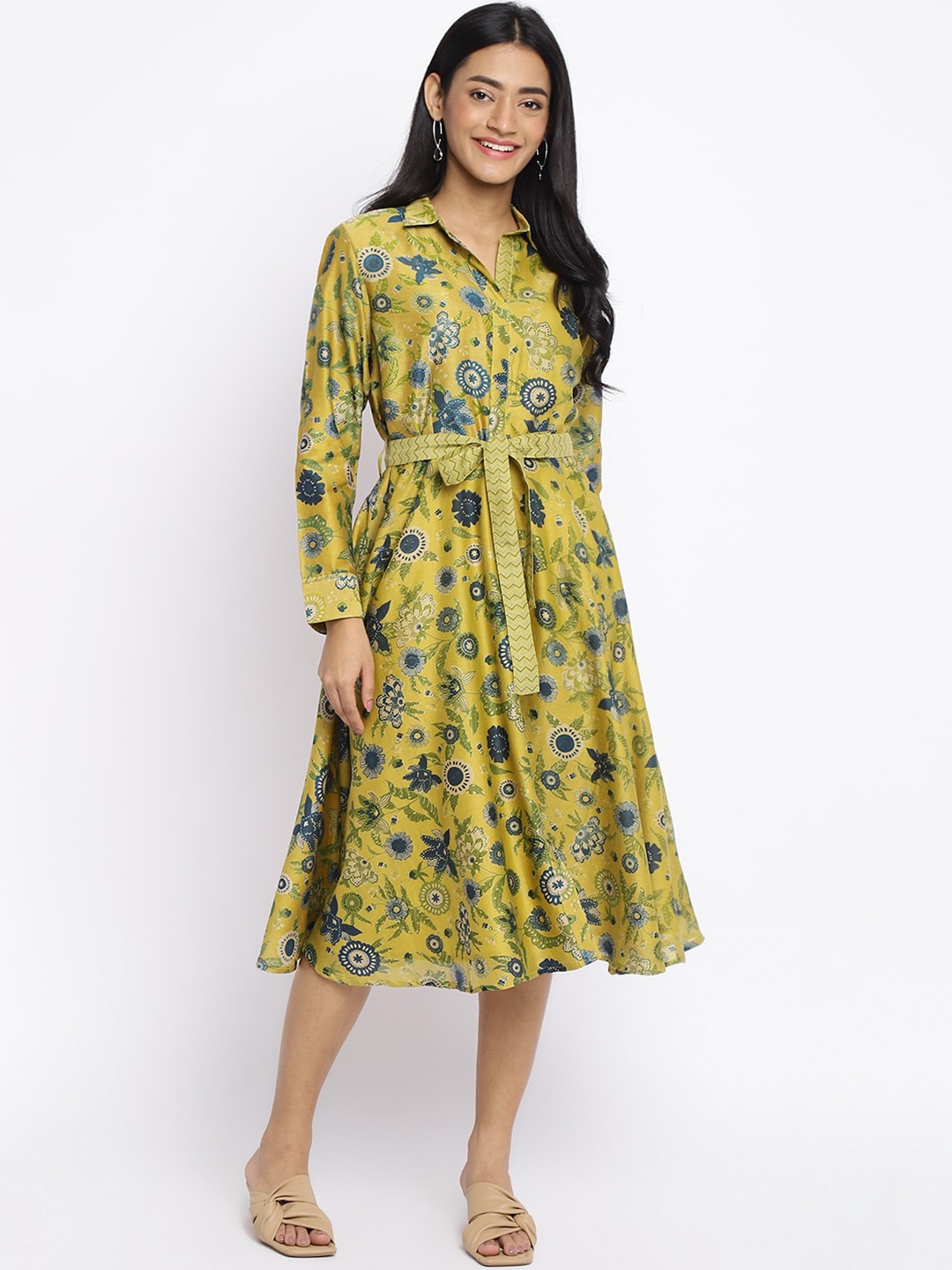 

Fabindia Floral Printed Shirt Midi Dress, Yellow