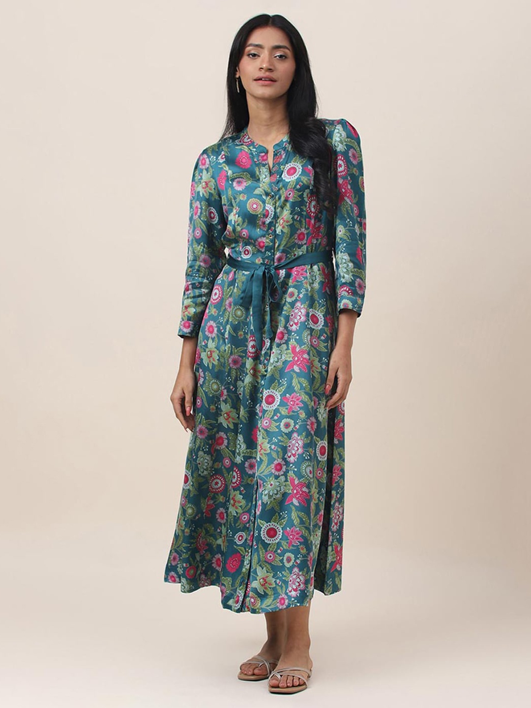 

Fabindia Floral Printed Mandarin Collar Fit & Flare Midi Dress, Teal