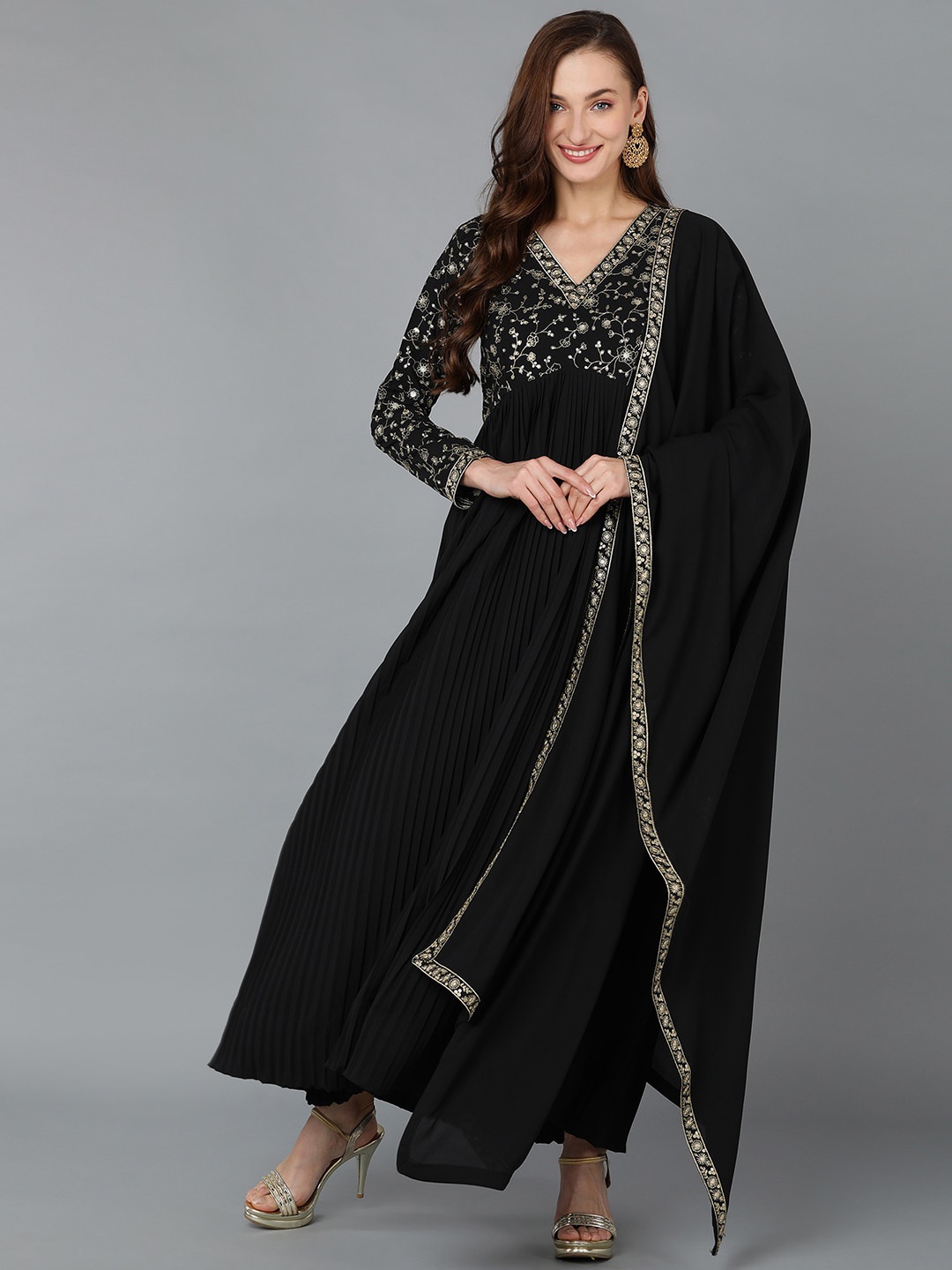 

AHIKA Floral Embroidered Thread Work Georgette Anarkali Kurta With Dupatta, Black