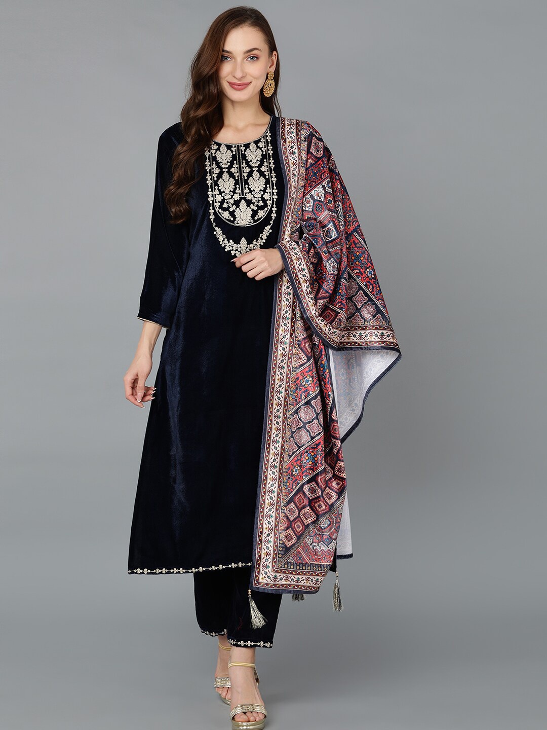 

AHIKA Ethnic Motifs Yoke Design Zari Velvet Kurta with Trousers & Dupatta, Blue