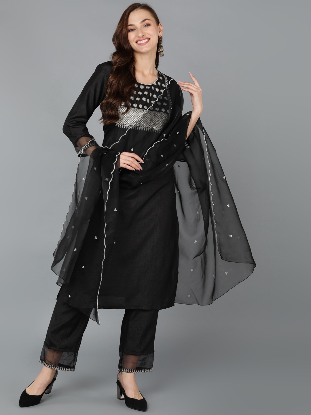 

AHIKA Floral Yoke Design Sequinned Kurta With Trousers & Dupatta, Black