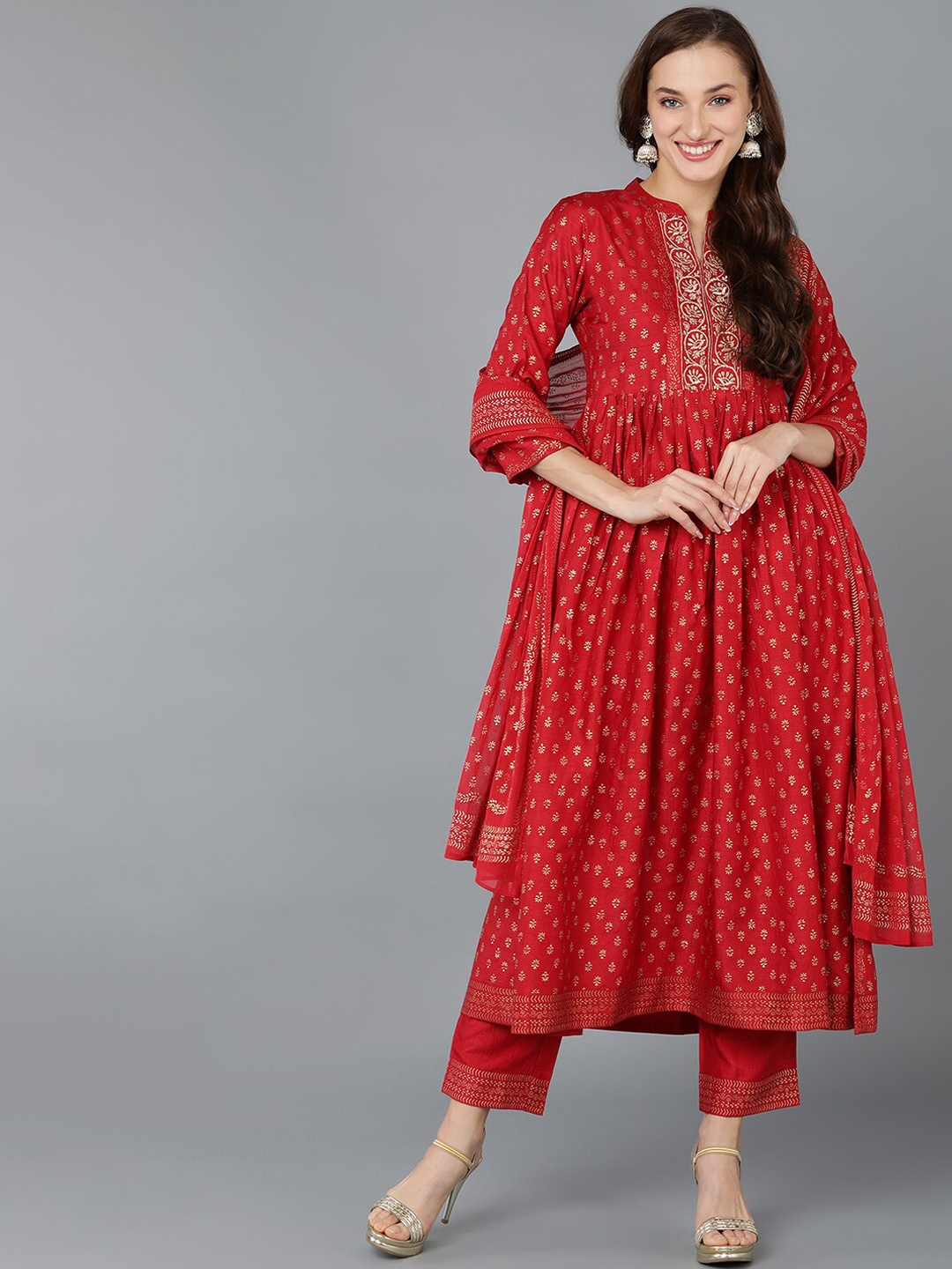 

AHIKA Ethnic Motifs Printed Band Collar Thread Work A-Line Kurta With Trousers & Dupatta, Red