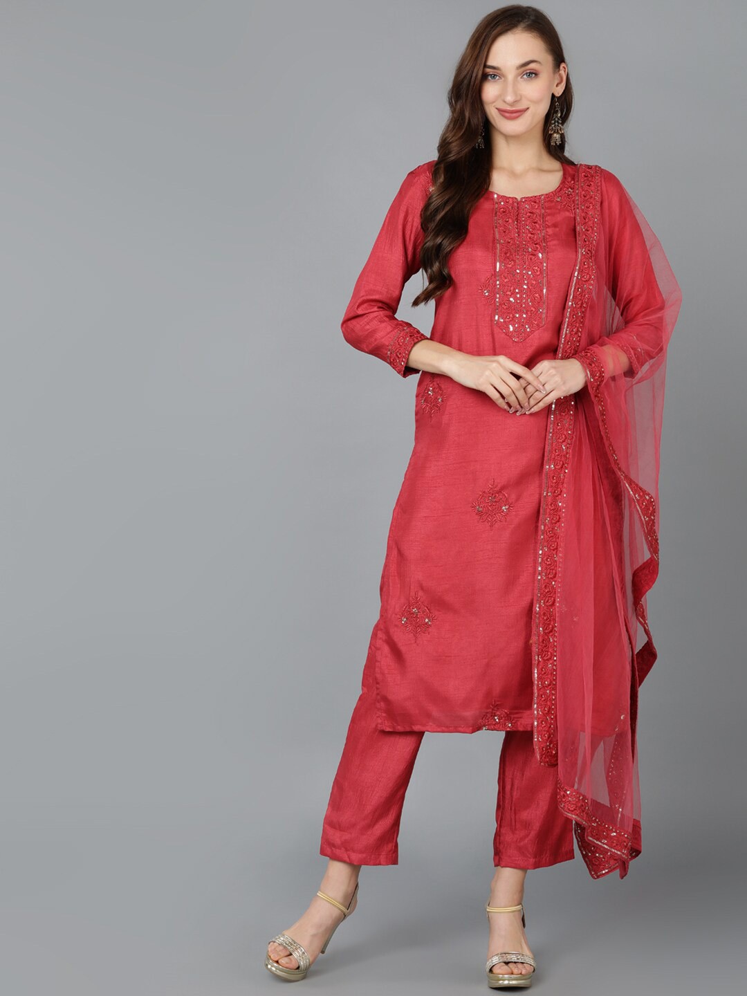 

AHIKA Floral Embroidered Sequinned Kurta with Trousers & Dupatta, Red