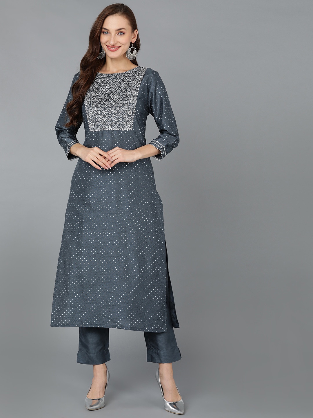 

AHIKA Polka Dots Printed Sequinned Straight Kurta, Grey