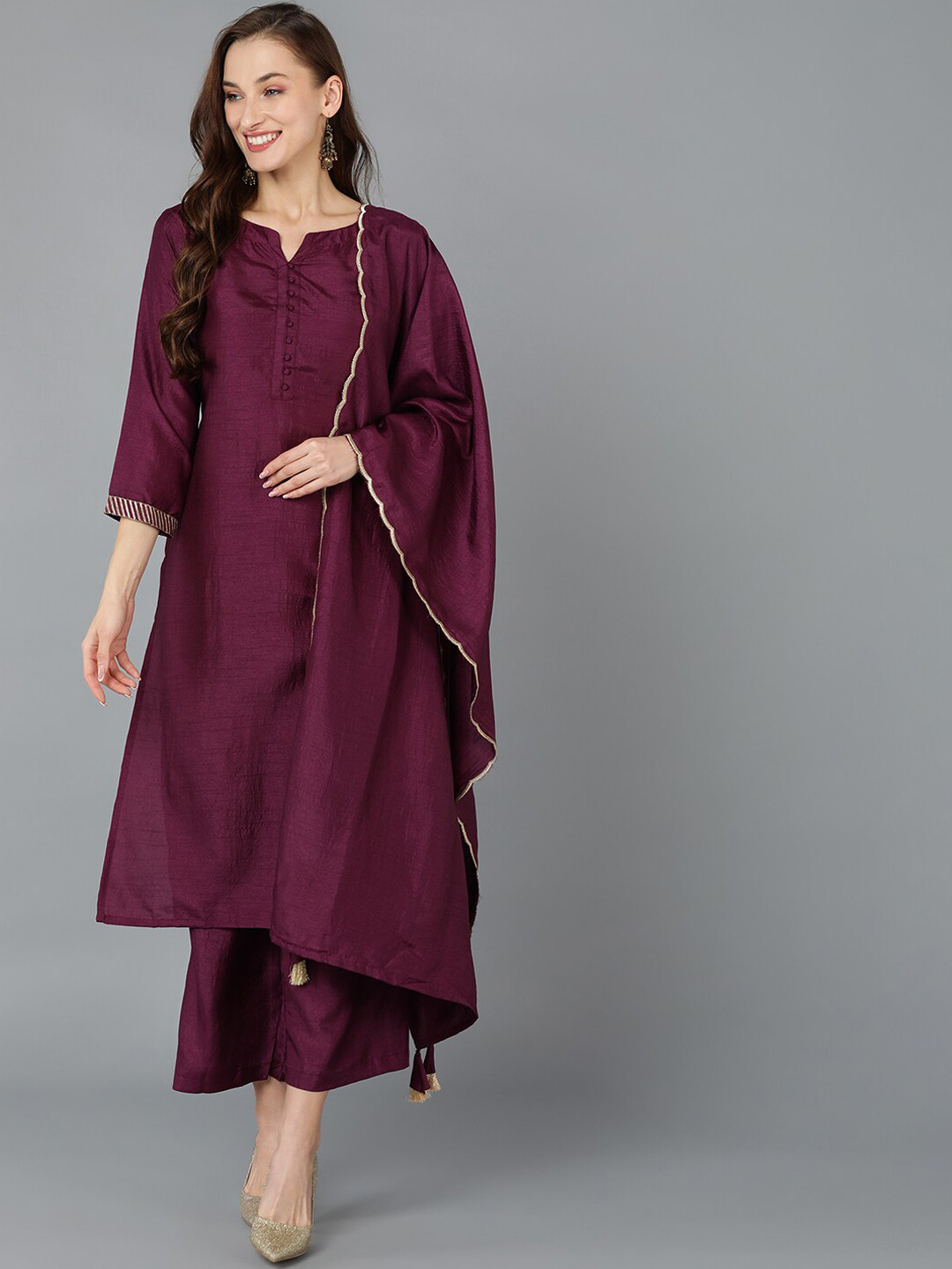 

AHIKA Notched Neck Straight Kurta With Trousers & Dupatta, Purple