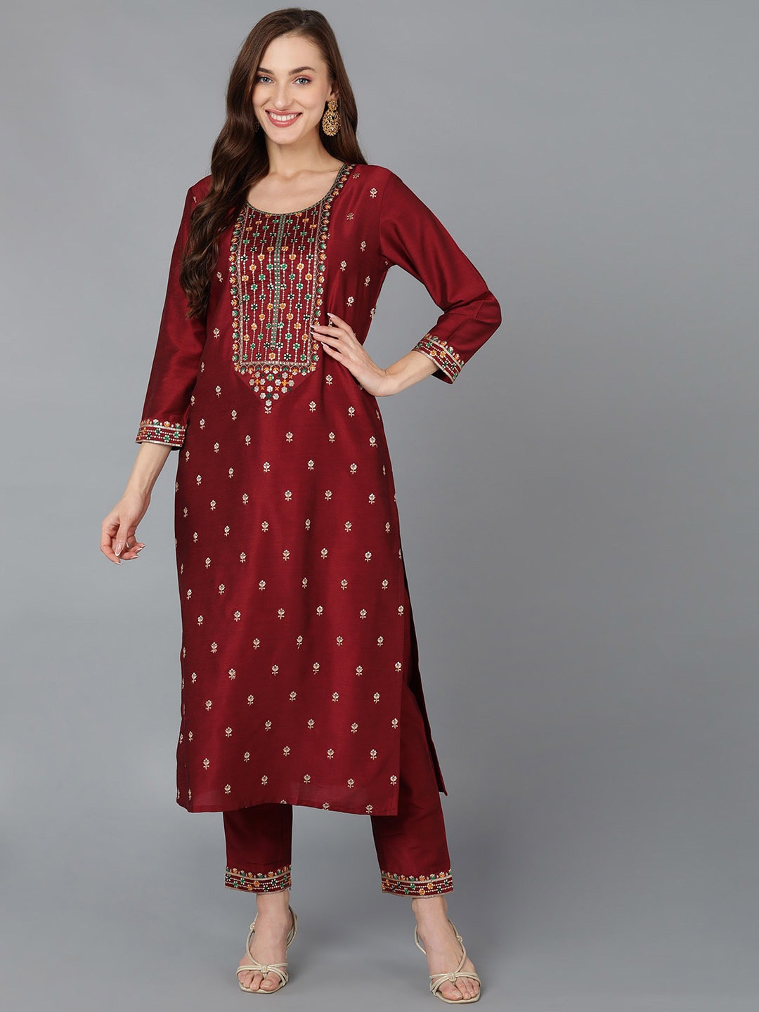 

AHIKA Floral Embroidered Sequins Straight Kurta, Maroon