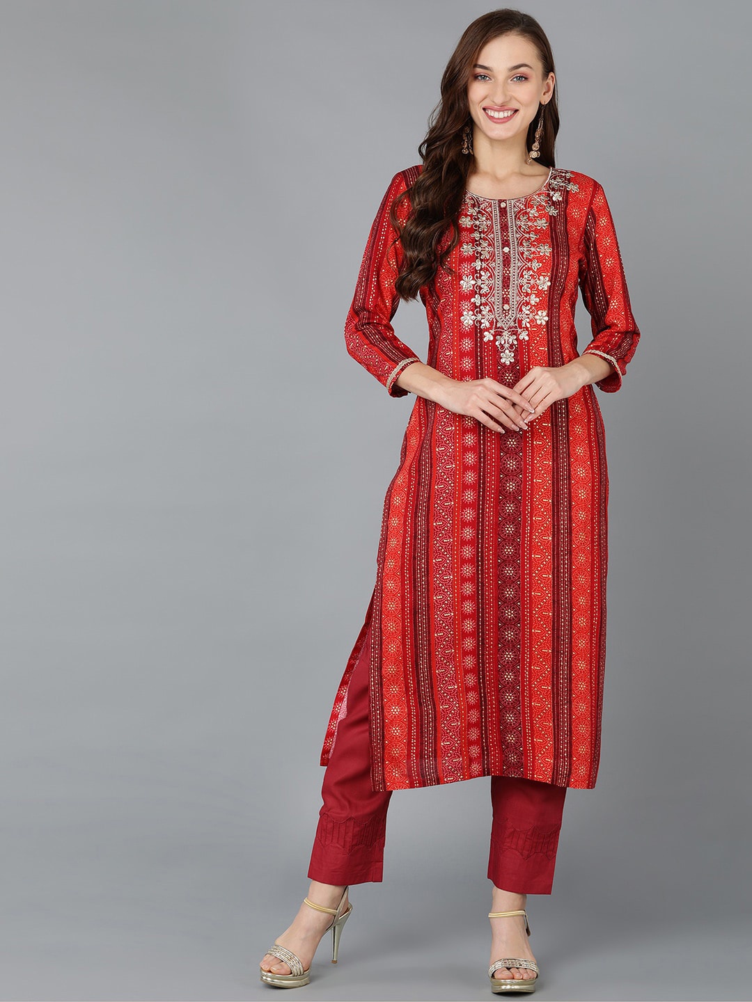 

AHIKA Ethnic Motifs Printed Thread Work Kurta, Red