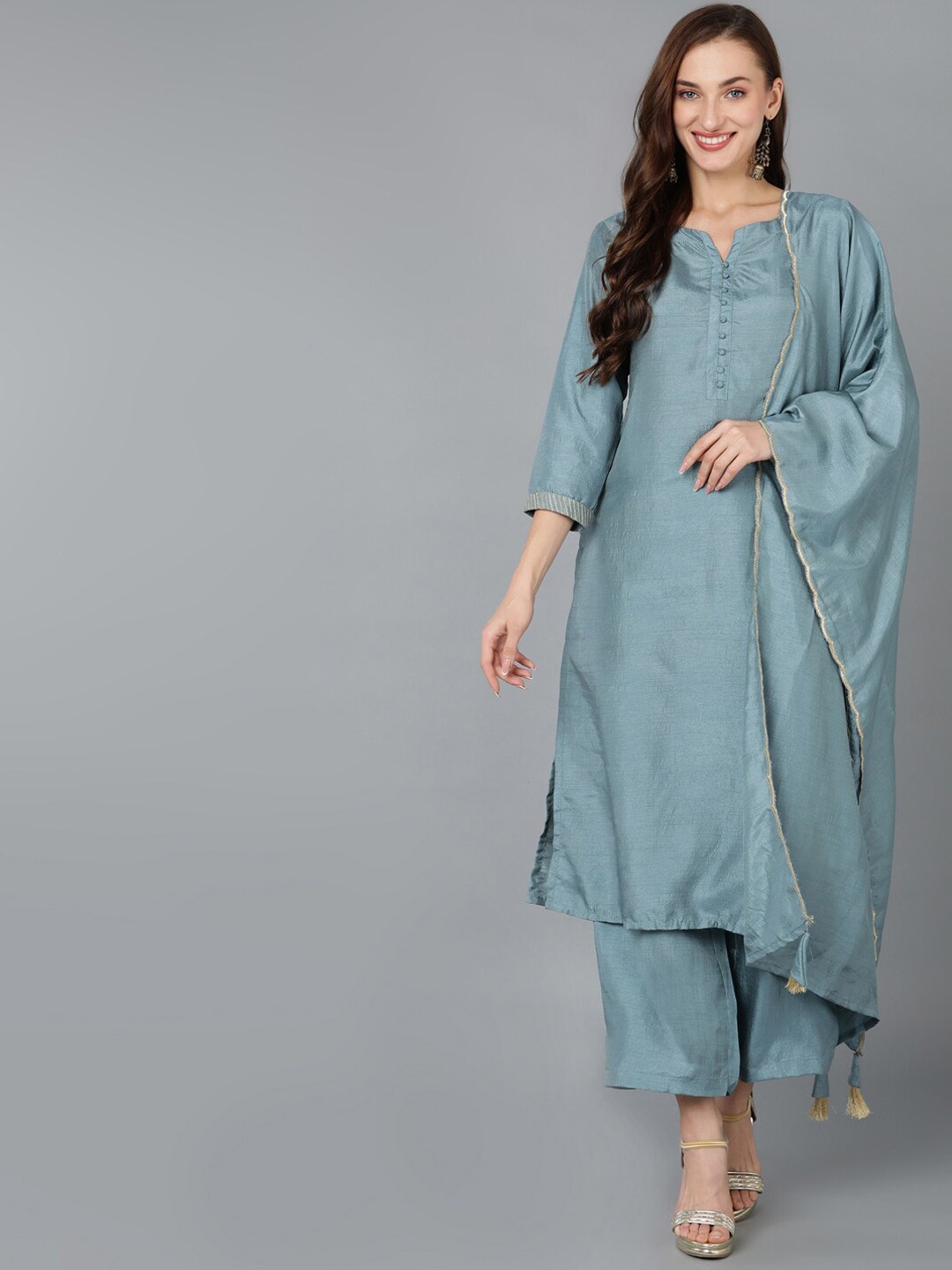 

AHIKA Notched Neck Straight Kurta with Trousers & Dupatta, Blue
