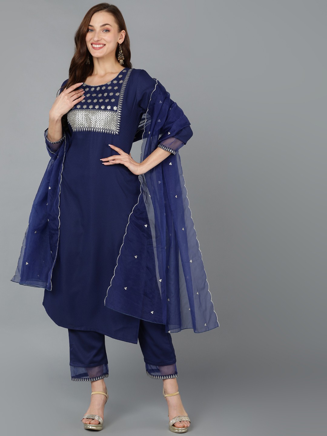 

AHIKA Ethnic Motifs Embroidered Sequinned Zari Detail Kurta with Trousers & Dupatta, Navy blue