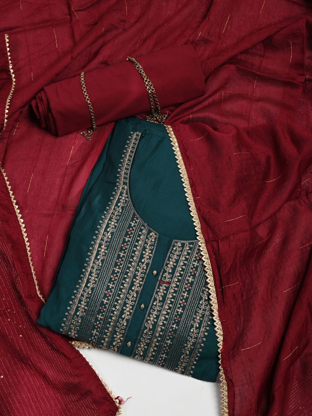 

Meena Bazaar Embroidered Art Silk Unstitched Dress Material, Teal