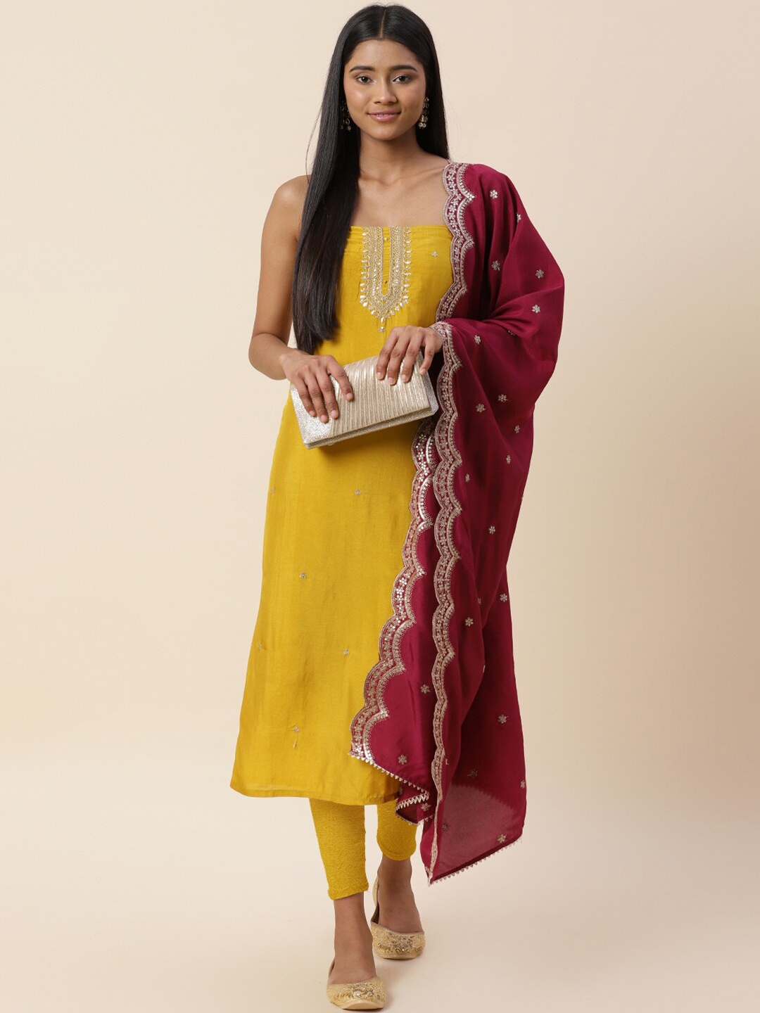 

Meena Bazaar Embroidered Art Silk Unstitched Dress Material, Mustard