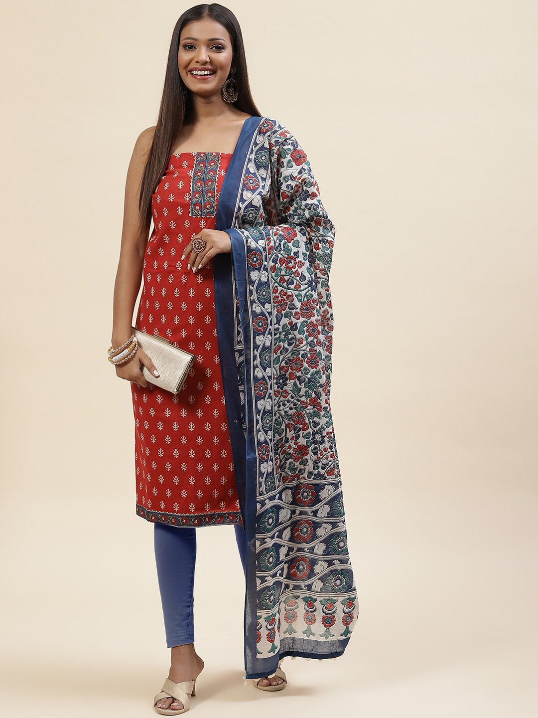 

Meena Bazaar Floral Printed Unstitched Dress Material With Gotta Patti, Red