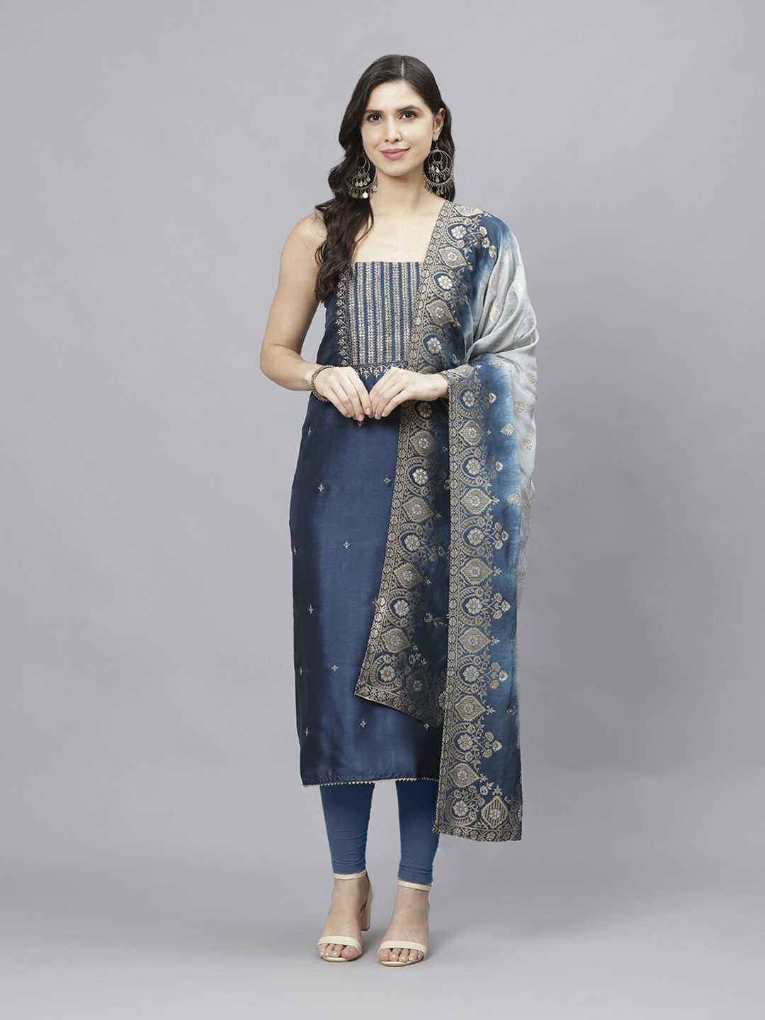 

Meena Bazaar Embroidered Sequinned Art Silk Unstitched Dress Material, Navy blue