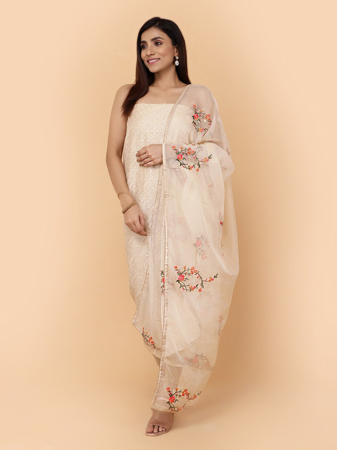 

Meena Bazaar Embroidered Art Silk Unstitched Dress Material, Beige