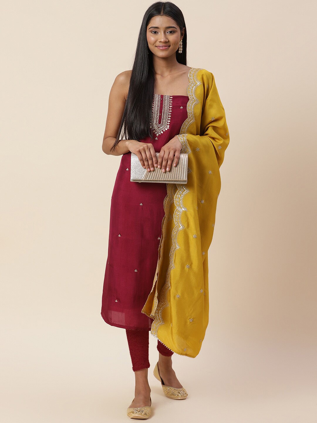 

Meena Bazaar Embroidered Art Silk Unstitched Dress Material, Burgundy