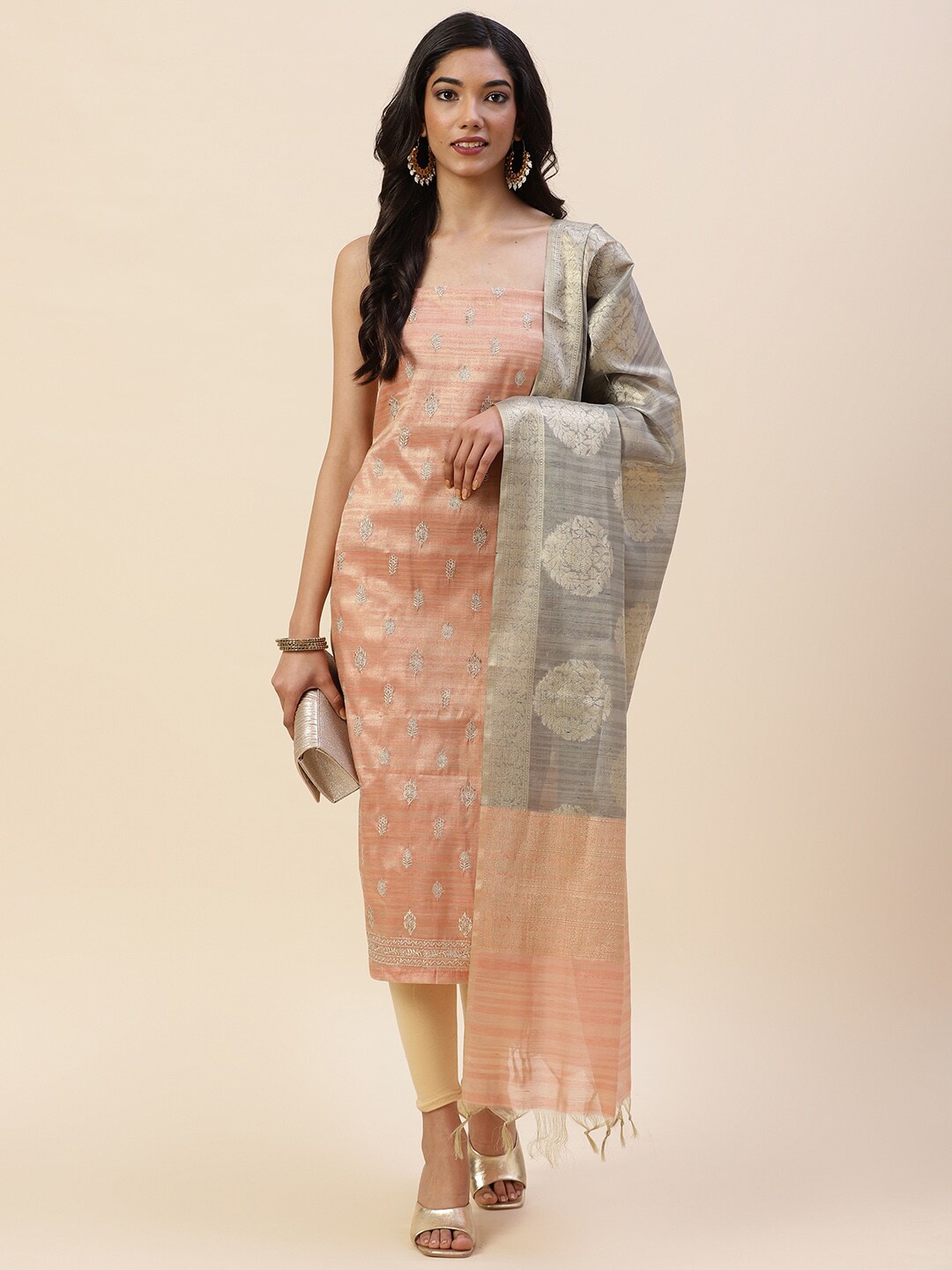 

Meena Bazaar Embroidered Art Silk Unstitched Dress Material, Peach