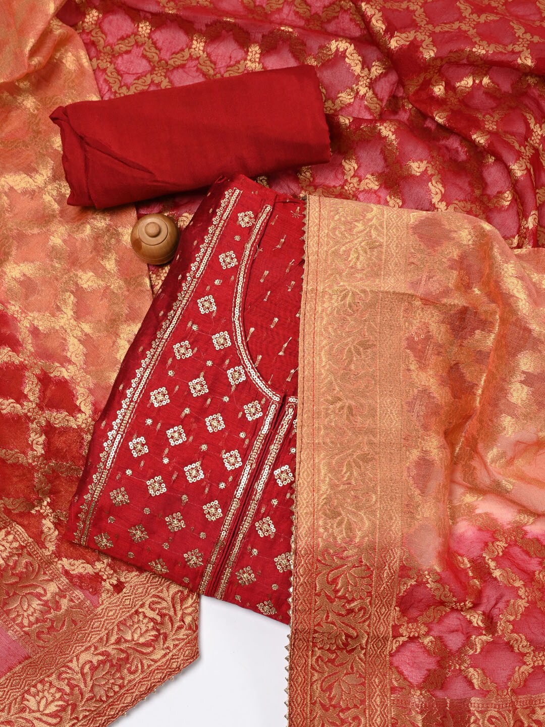 

Meena Bazaar Maroon & Gold-Toned Embroidered Art Silk Unstitched Dress Material
