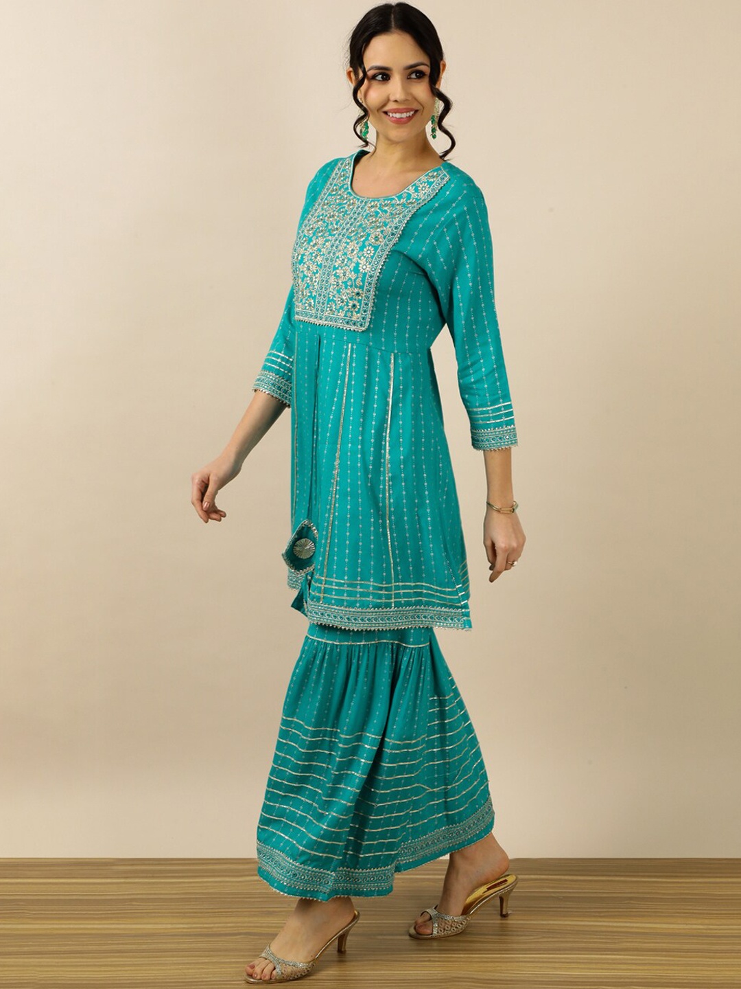 

Myshka Floral Embroidered Mirror Work Kurti With Sharara & Dupatta, Turquoise blue