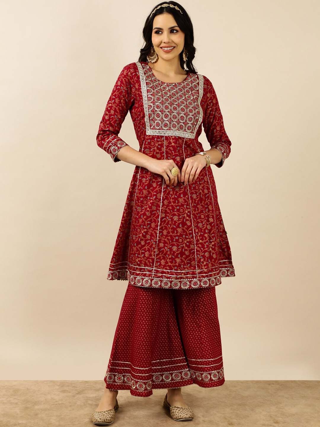 

Myshka Floral Embroidered Mirror Work Kurti With Sharara & Dupatta, Maroon