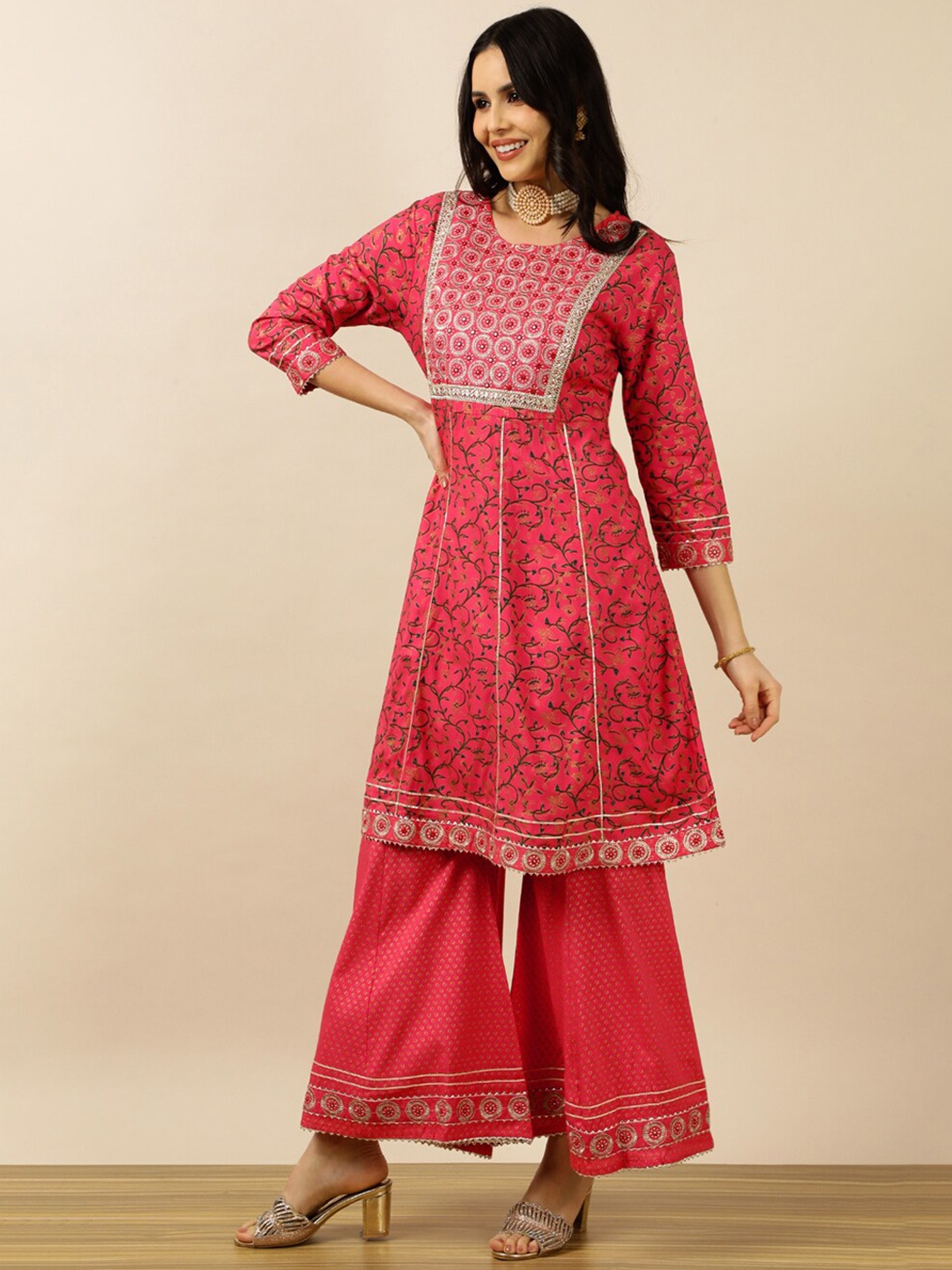 

Myshka Women Floral Embroidered Zari Kurta & Sharara With Dupatta, Pink