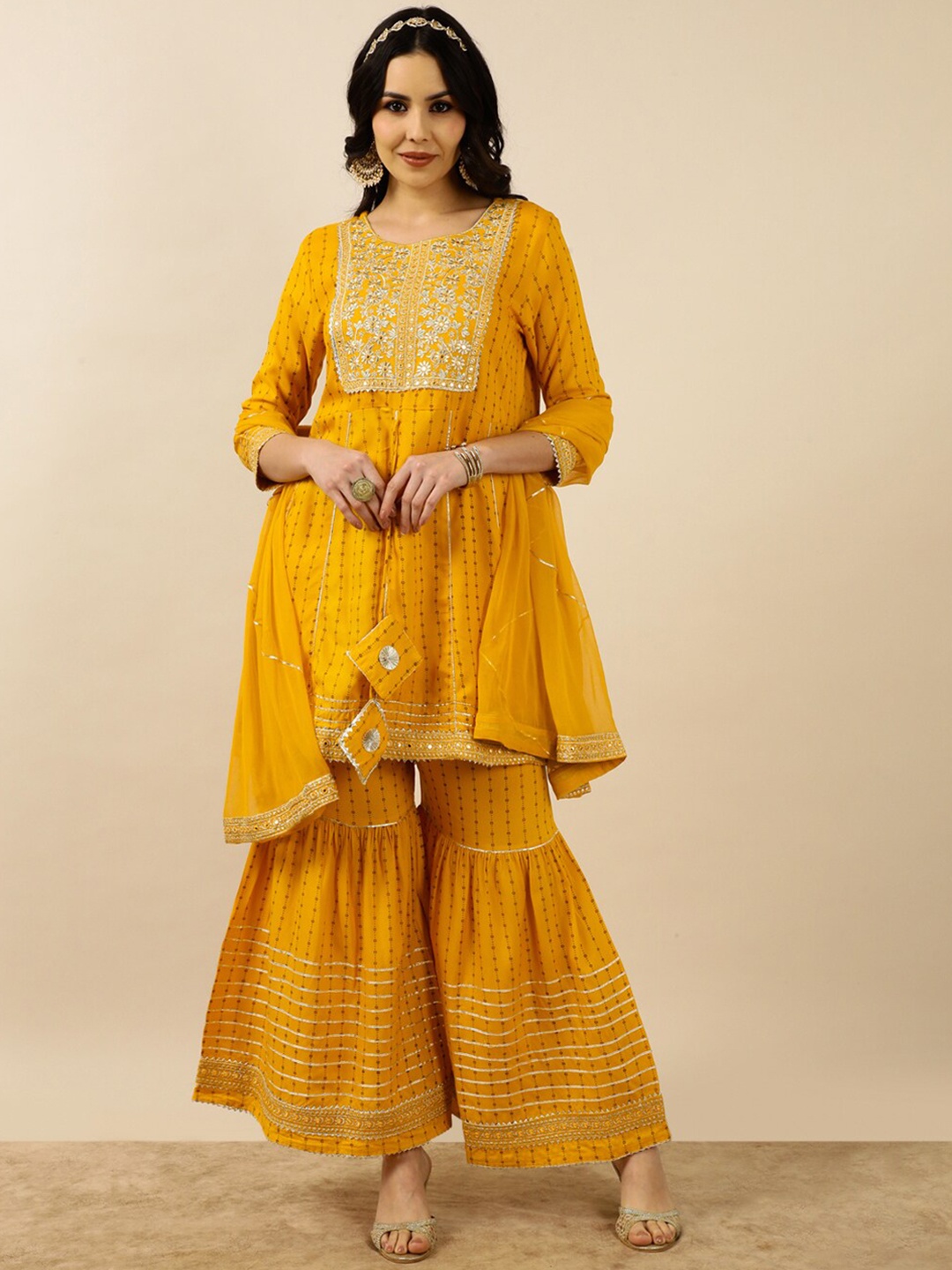 

Myshka Women Ethnic Motifs Embroidered Pure Cotton Kurta & Sharara With Dupatta, Yellow