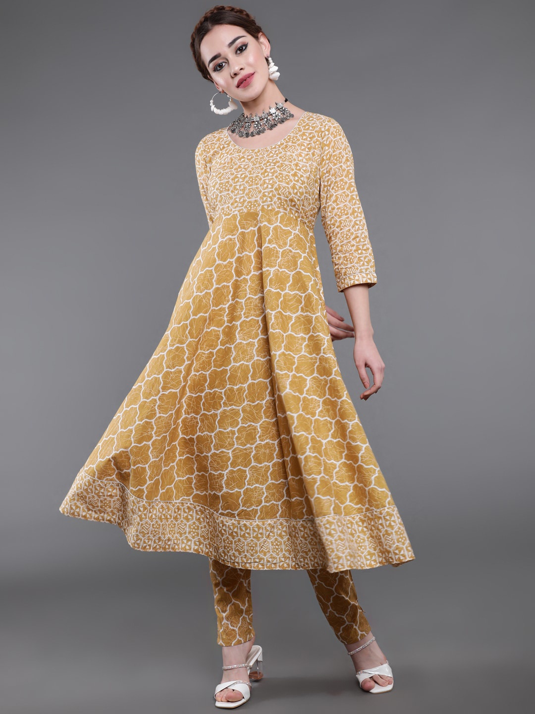 

saubhagya Ethnic Motifs Printed Pure Cotton Anarkali Kurta, Mustard