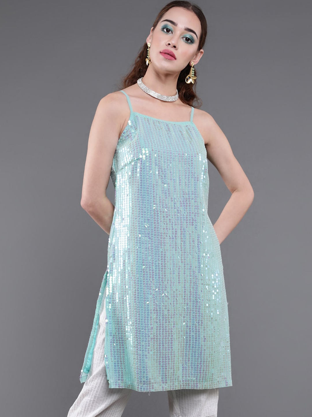 

saubhagya Sequined Embellished Georgette Kurta, Sea green
