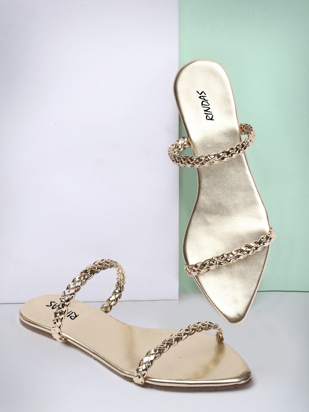 

RINDAS Braided Open Toe Flats, Gold