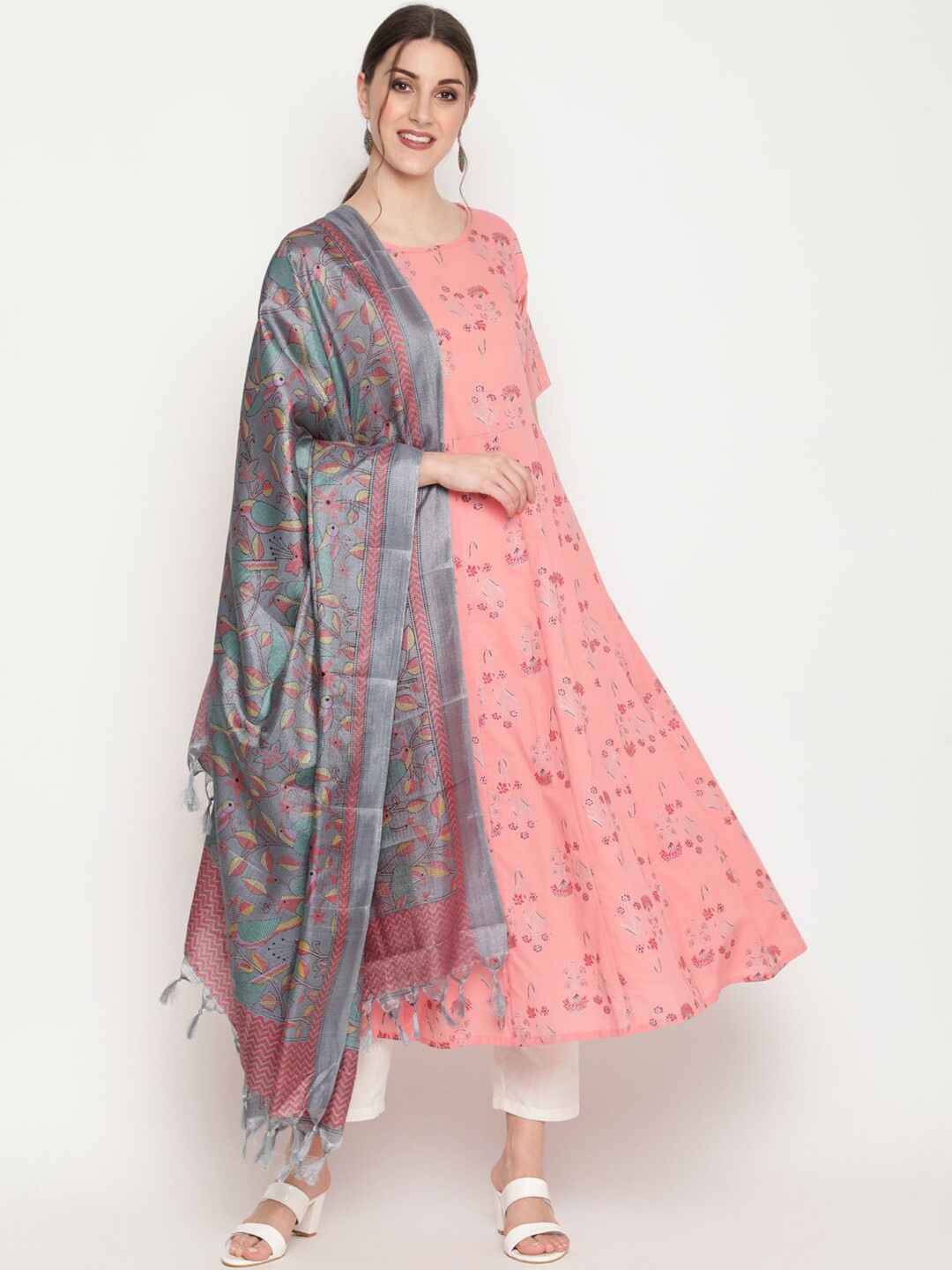 

THE NKS PLUS Floral Printed Anarkali Pure Cotton Kurta with Trousers & Dupatta, Peach