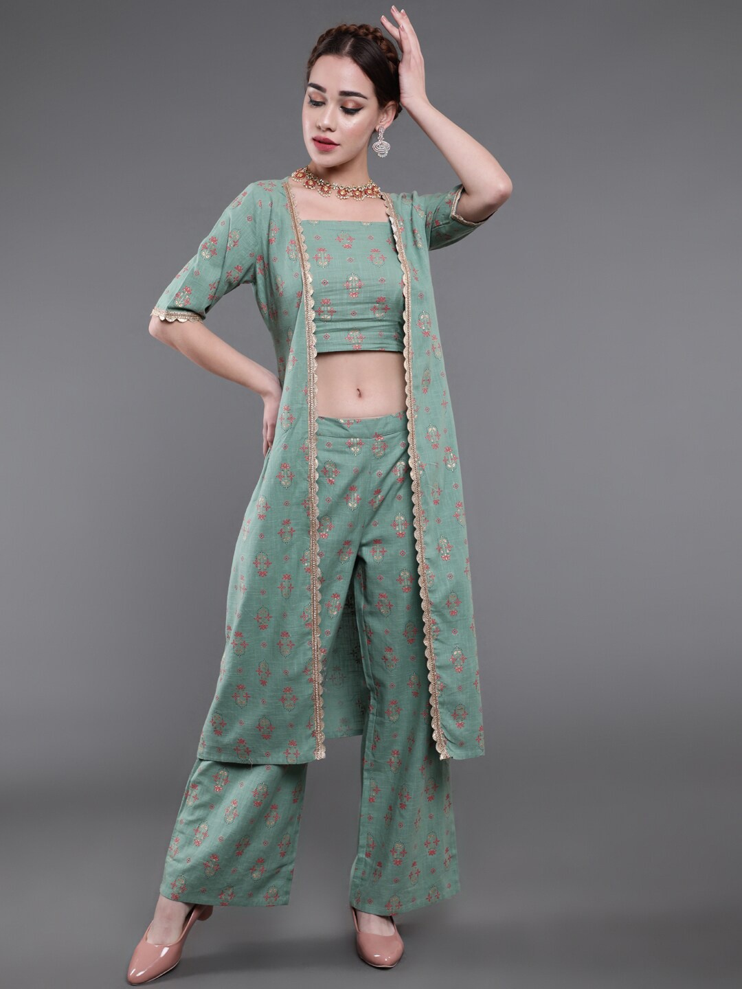 

saubhagya Floral Printed Top & Trouser With Shrug Co-Ord Set, Sea green