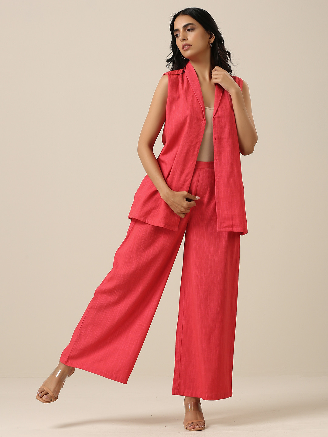 

trueBrowns V-Neck Sleeveless Pure Cotton Jacket With Trousers, Pink